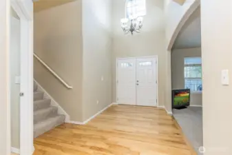 Elegant double-door front entry with hardwood floor, 2-story ceiling, arched doorway into the living room
