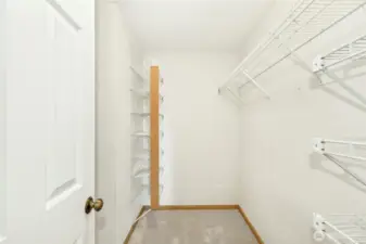 Good sized walk-in closet with added shelving.