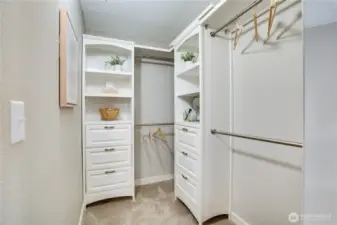 Built outs in these closets make it efficient to store and merchandise your wardrobe.