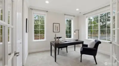 Main level den (or 5th bedroom) features abundant light and french doors