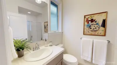 Ensuite bath with shower and reeded glass for privacy