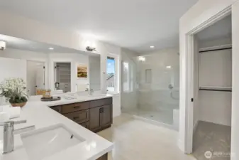 Virtually staged Primary Bathroom.