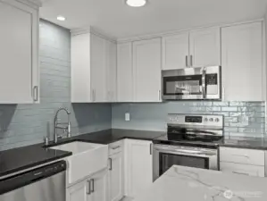 This stunningly updated kitchen has storage galore.