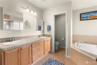The en-suite boasts double sinks, a relaxing soaking tub, a spacious glass-enclosed shower, and the added convenience of a private toilet room for ultimate privacy.