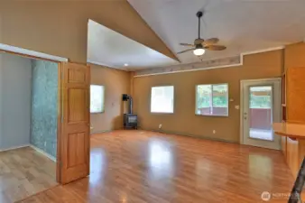 Bedroom to the left living room and dining room straight ahead.
