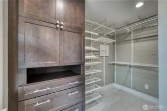 Fully updated primary bath with radiant floor heating and attached walk-in closet