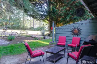 Inviting patio that looks out over the community lawn