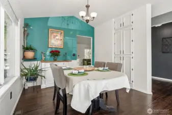 The dining area has its own storage closet