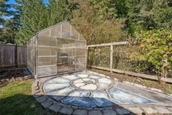 Greenhouse and patio in the backyard