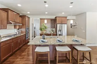 Close-up of the beautiful slab-granite island with pendant lighting, showcasing the full suite of stainless steel appliances