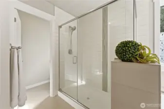 Detail view of the glass-enclosed walk-in shower, with the separate toilet room positioned just ahead for added privacy