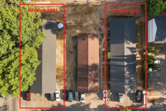 Two separate parcels. Middle building/parcel is not part of package. Drawn boundary lines are approximate.