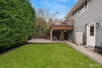 Lawn bordered with green hedge.