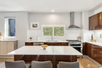 High end Miele gas stove, handy adjustable spice rack/oven mitt or kitchen utensils cabinet next to the stove