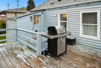 Expansive deck overlooks a fenced yard backing to Hilltop Park.