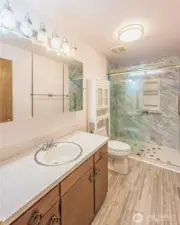 Bathroom with a remodeled shower.