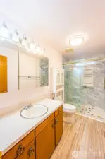 Bathroom with a remodeled shower.