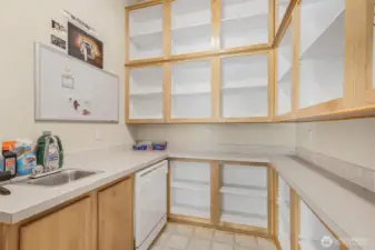 Butler’s Pantry of your dreams!  Complete with a shelving, sink a second dishwasher and second fridge.