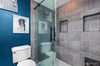 Gorgeous walk-in shower in the primary bathroom.