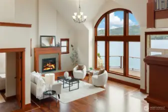 The main living area is filled with natural light and lake views.