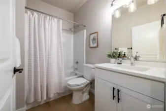 Main bathroom with taller counters and taller toilet.