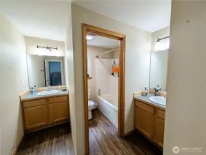 Main bathroom with desirable split vanity design