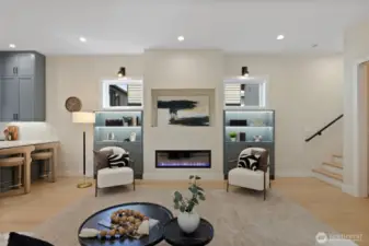 Expansive living room features sweeping cielings.