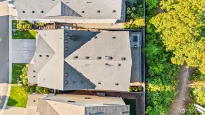 Direct overhead drone shot highlighting the roofline, backyard, and surrounding wooded privacy at 32540 Granite Ct.