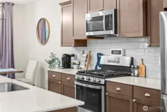Gourmet kitchen featuring stainless steel appliances, quartz countertops, and modern cabinetry.