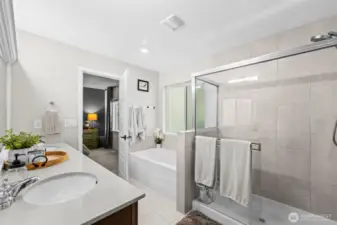 Spa-inspired ensuite bathroom with walk-in shower, soaking tub, and premium tile finishes.