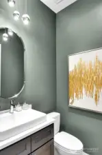 Modern powder room on the main level with motion sensor lighting.