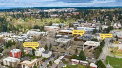 Ariel view facing North, noting that Starbucks and McDonalds are within walking distance located on N Northgate Way.