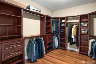 Main floor primary suite closet with built-ins