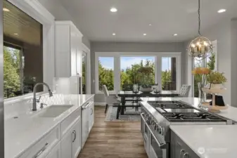 High-end Viking appliances and white quartz countertops. Kitchen looks out to the open two story great room with soaring ceilings and floor to ceiling stone fireplace.   LVP flooring.