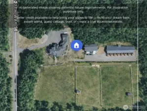 AI-generated rendering illustrating potential future improvements. The expansive 10-acre setting offers ample space for a custom pool, outdoor entertaining area, guest cottage, barn, or equestrian amenities — bring your vision to life.