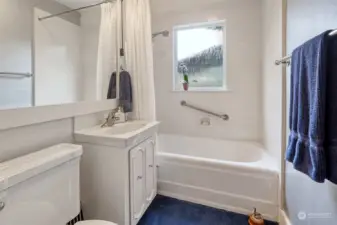 Large main bath with tub and shower, built in linen closet and vanity.