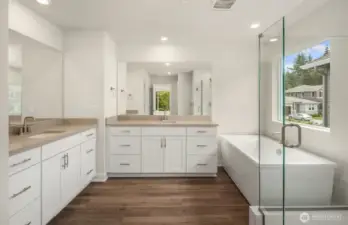 Primary bath with view of forest.