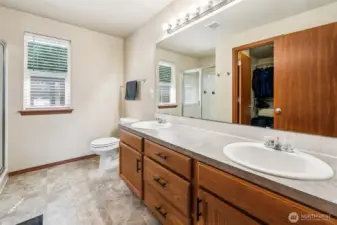 Primary ensuite bath, love the huge double vanity, mirror and walk-in closet.