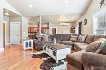 View of kitchen and dining room from living room