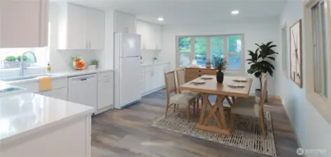 Huge open kitchen with new shaker cabinets, Quartz countertops- Virtually Staged