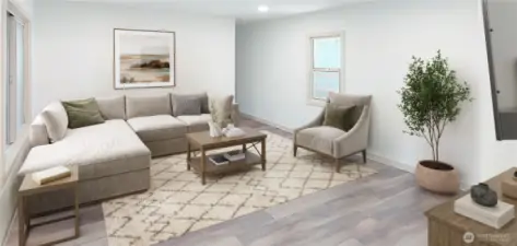 Spacious living room boasts windows on both side of the room for added natural light- Virtually staged