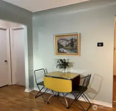 Hardwood floors and coved ceilings.