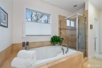 Oversize Soaking Tub + Shower with private toilet & walk-in closet beyond