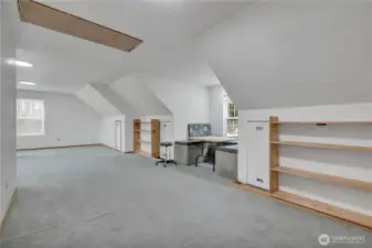 Massive bonus room of more than 700 square feet.  Additional storage in the attic above (Those are pulldown stairs in the ceiling.  Also multiple storage areas behind the doors along the wall.