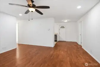 The dining room is just off the kitchen.