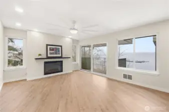 Living room with modern fireplace.