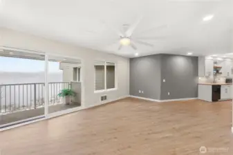 Open plan living room. covered deck.