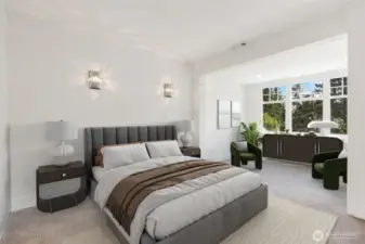 Lower guest room with seating area and ensuite bathroom