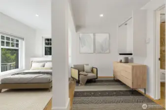 Bedroom with seating area, California Closets and full ensuite bathroom