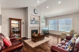 The living room is light and bright with custom blinds and a tall vaulted ceiling.